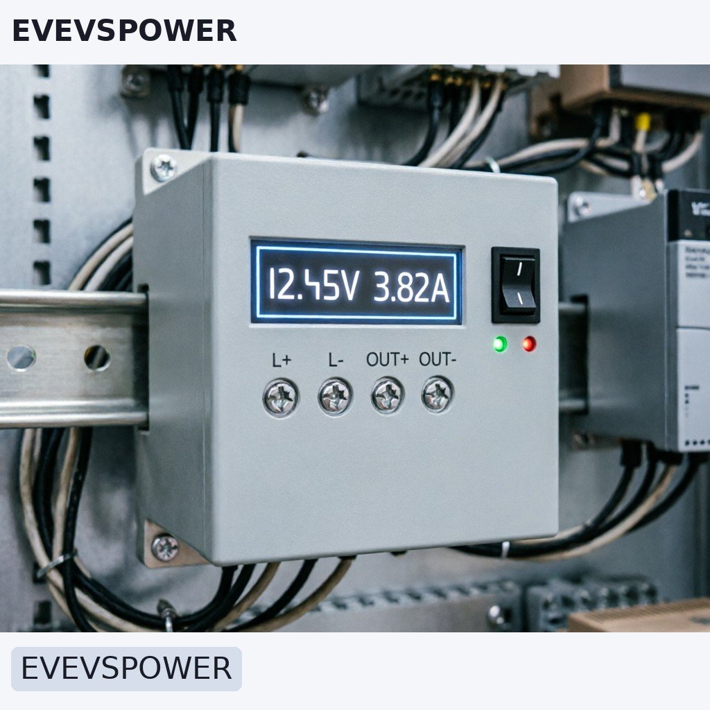 Industrial SCR Power Solutions & DC-DC Converter Modules 1 Close-up technical diagram of a DIN-rail mounted power controller with digital display and connection