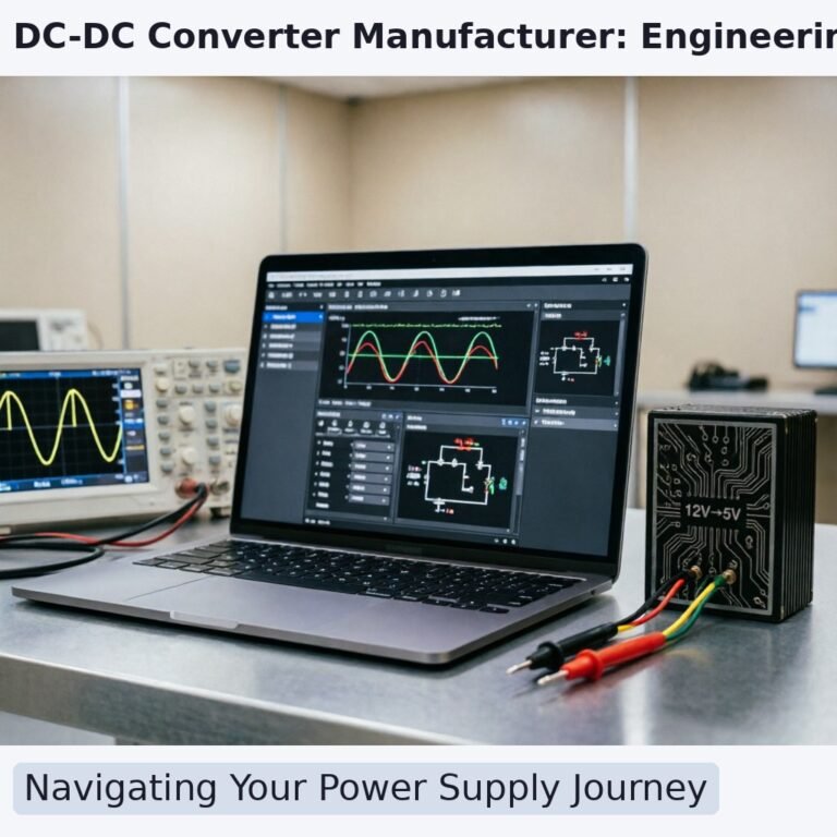 Technical engineering workspace showing a laptop displaying power converter simulation software alongside a