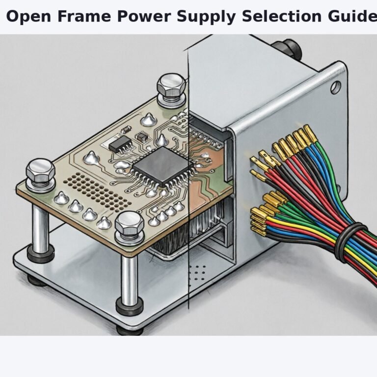 Technical cutaway illustration comparing board-mount and connector-based open frame AC-DC power supplies side