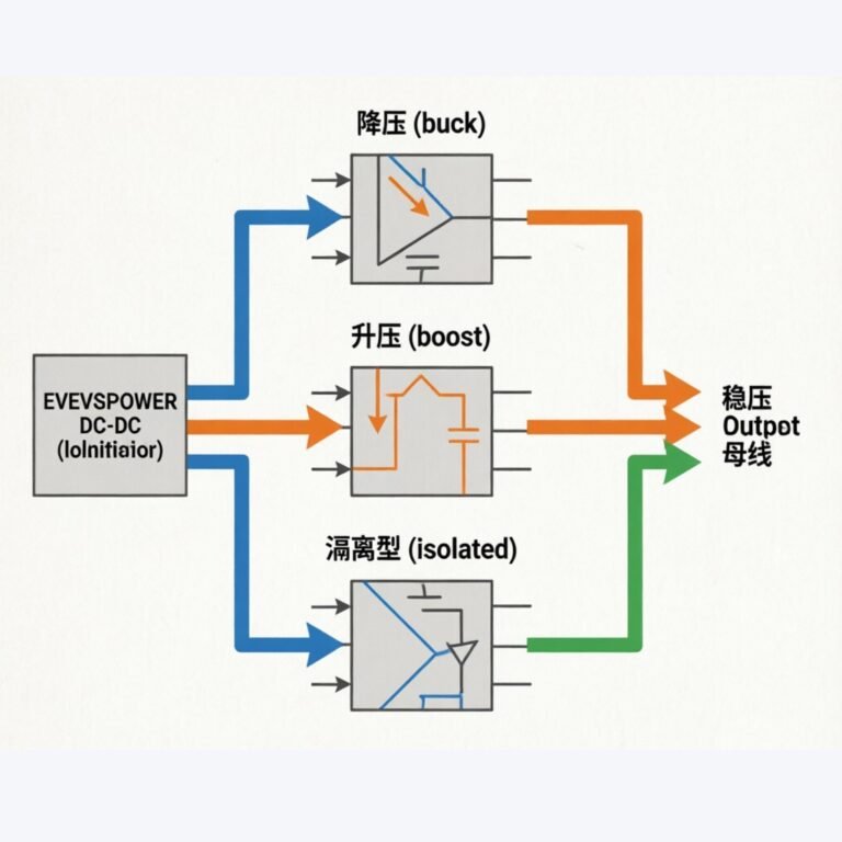 Technical architecture diagram of an EVEVSPOWER DC-DC converter module portfolio: input voltage range
