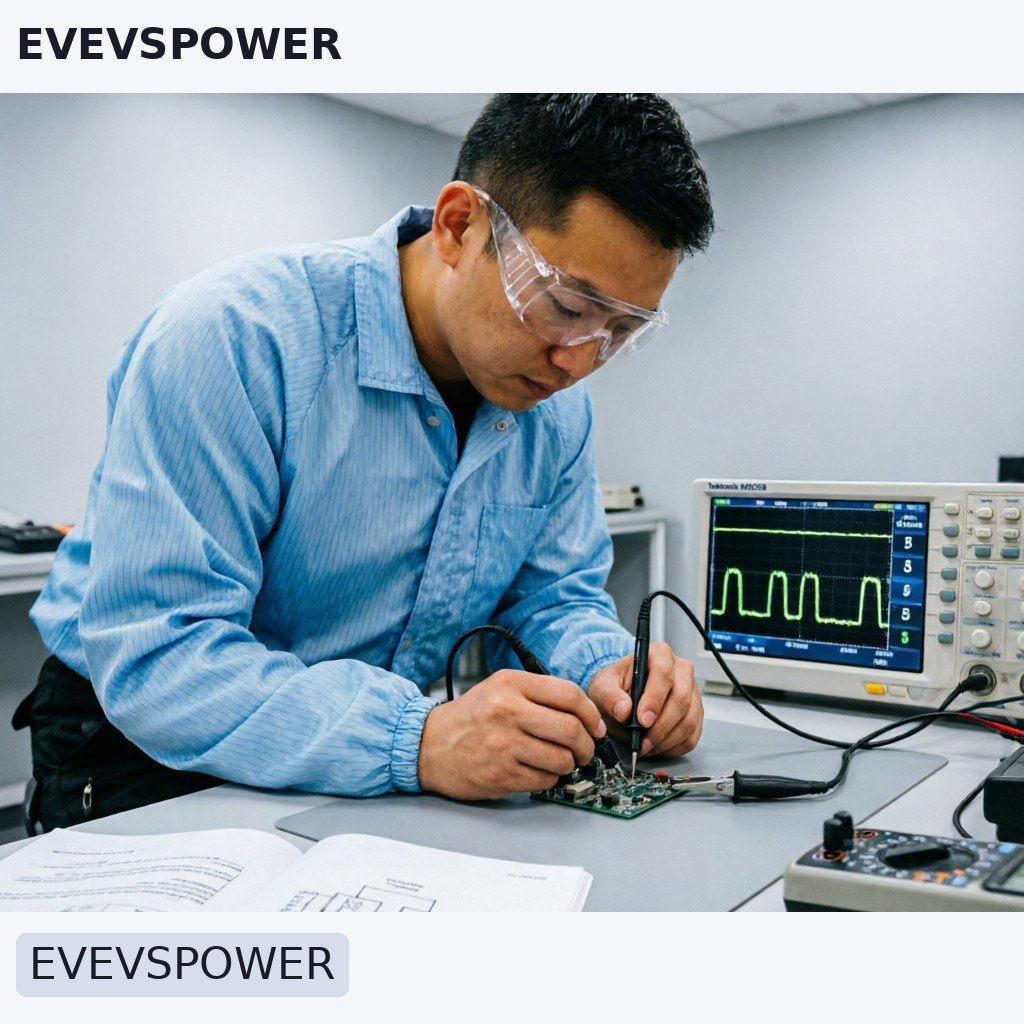Inline image 1: Engineer using oscilloscope to test DC-DC converter module on workbench with technical