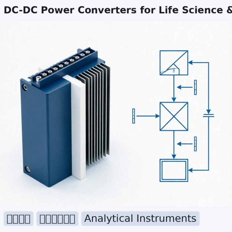 Technical engineering illustration showing a side-by-side comparison of a compact DC-DC power converter