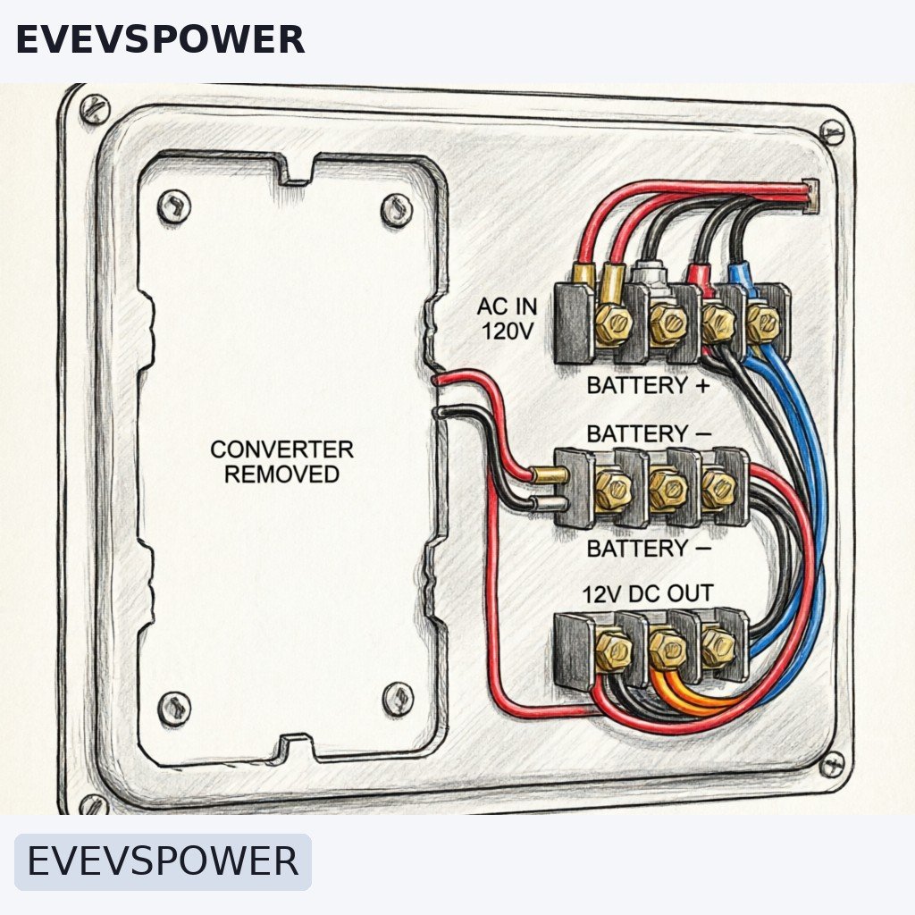 Close-up technical illustration of a wall-mount RV power center with the converter section removed
