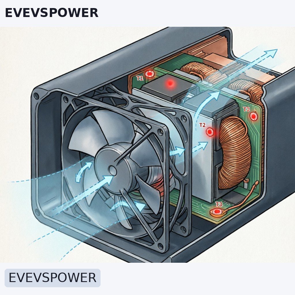 Close-up schematic of a variable-speed intelligent cooling fan integrated into a marine DC-DC converter
