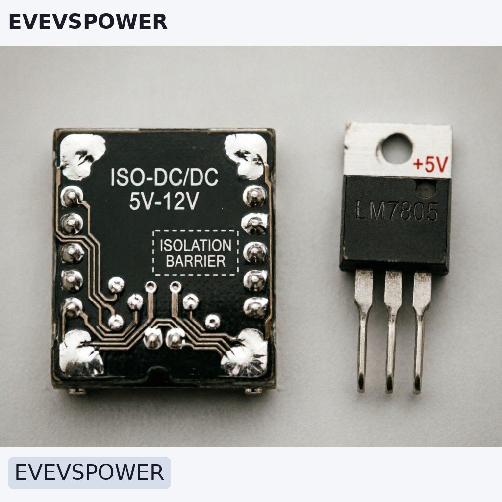 Close-up technical view of a compact isolated DC-DC converter module with visible circuit traces and