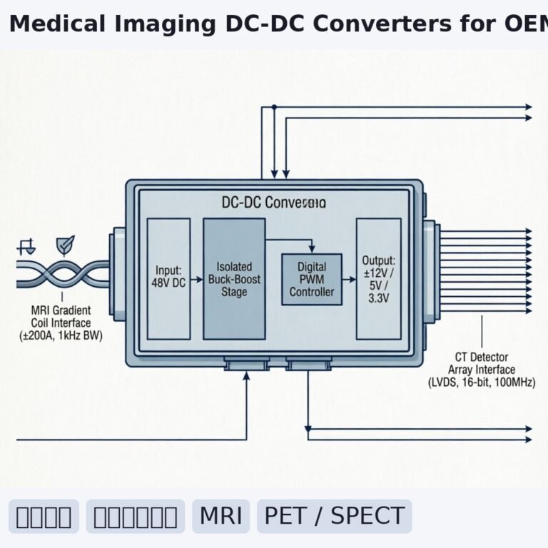 Technical illustration of a modular DC-DC power converter block diagram integrated into a medical imaging