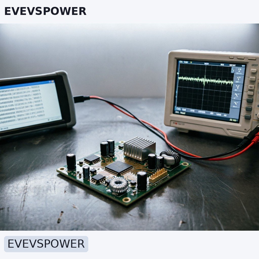 Engineering workspace showing custom DC-DC power module prototyping with oscilloscope ripple measurement and