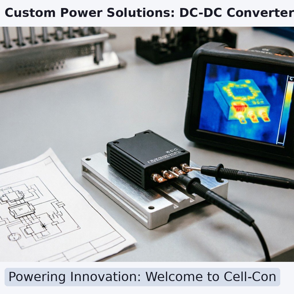 Engineering workspace close-up of DC-DC converter prototype validation: dual-output buck module on test
