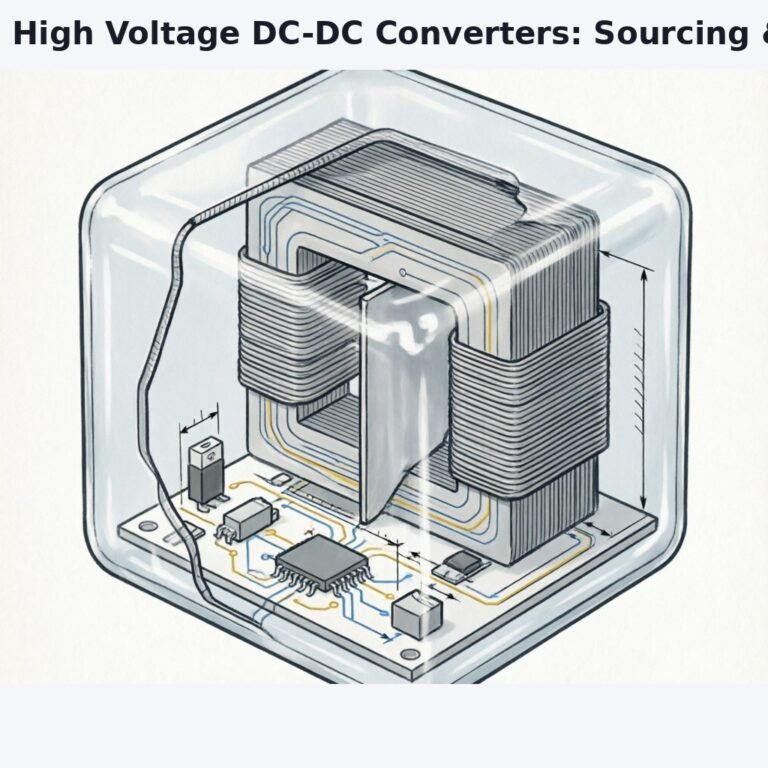 Technical cross-section diagram of a compact high-voltage DC-DC converter showing internal potting