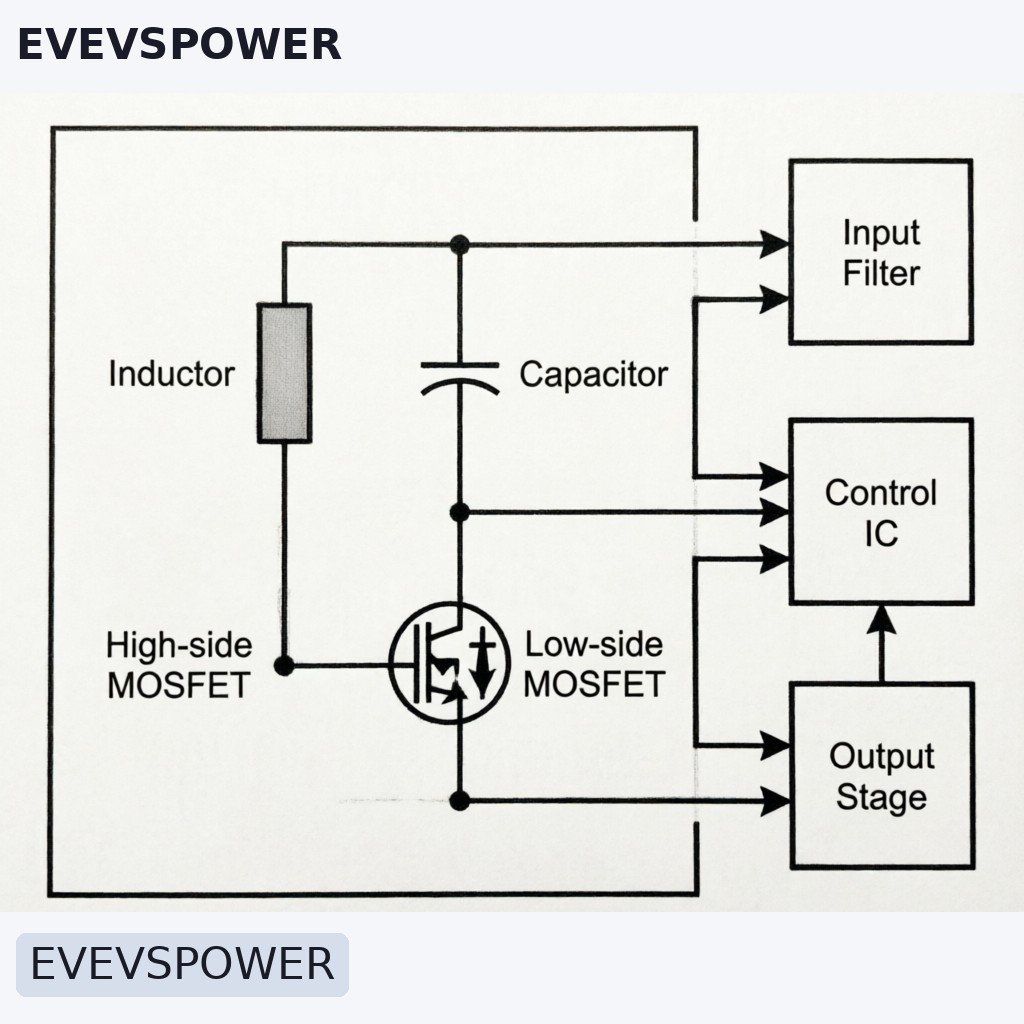 DC-DC Power Converter Solutions for Semiconductor Manufactur 1 Close-up schematic diagram of a buck-boost DC-DC converter topology with labeled components (inductor