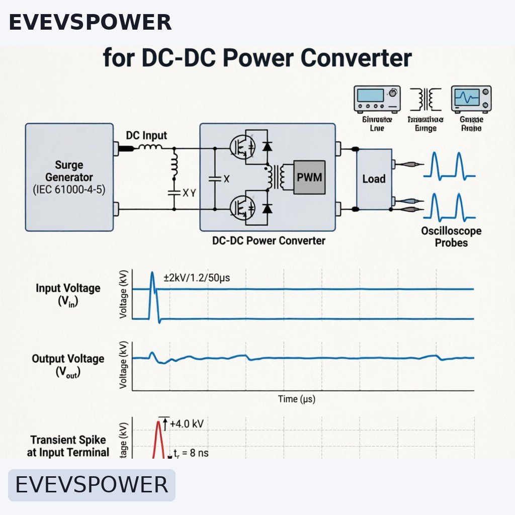 Diagram illustrating surge immunity testing setup for a DC-DC power converter