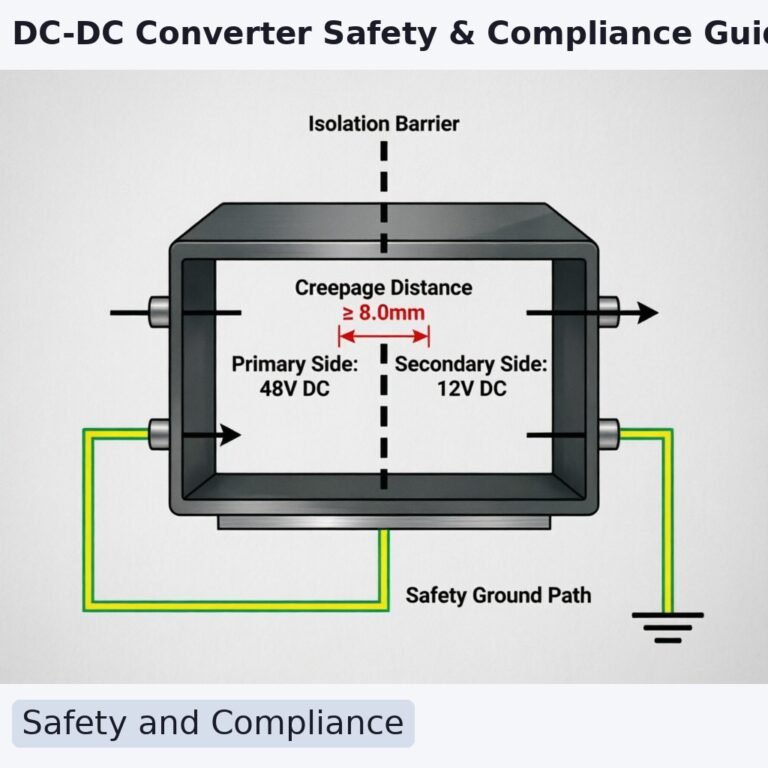 Technical engineering illustration showing a cross-section of a DC-DC converter module highlighting isolation