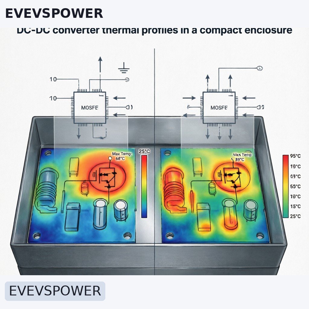 Side-by-side comparison of standard vs. high-efficiency DC-DC converter thermal profiles in a compact