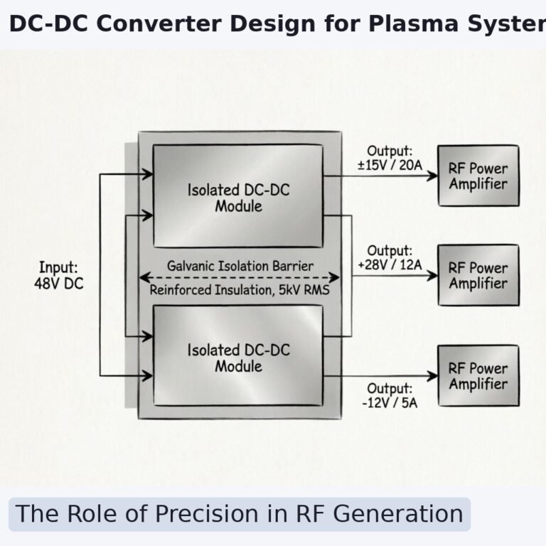 Technical illustration of a modular DC-DC power converter block diagram integrated into an RF plasma