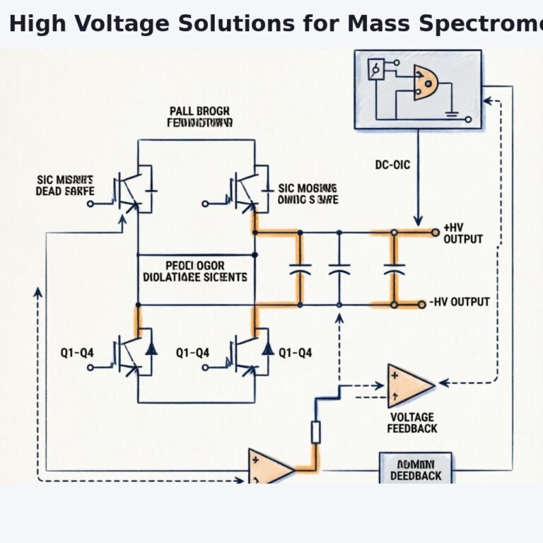 Technical block diagram showing a reversible high voltage DC-DC converter circuit for mass spectrometry ion