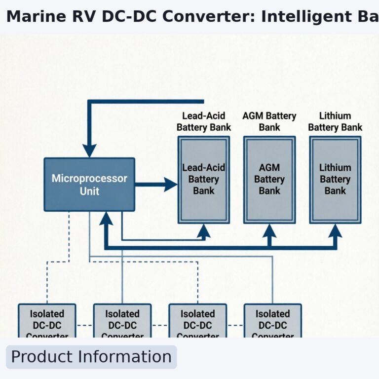 Marine RV DC-DC Converter: Intelligent Battery Management Gu 3 Technical diagram showing a marine battery management system block diagram. The image displays a central