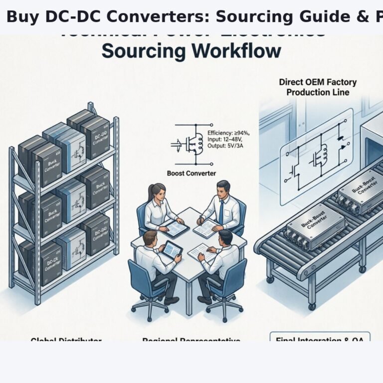 Technical power-electronics sourcing workflow diagram showing three parallel paths: global distributor