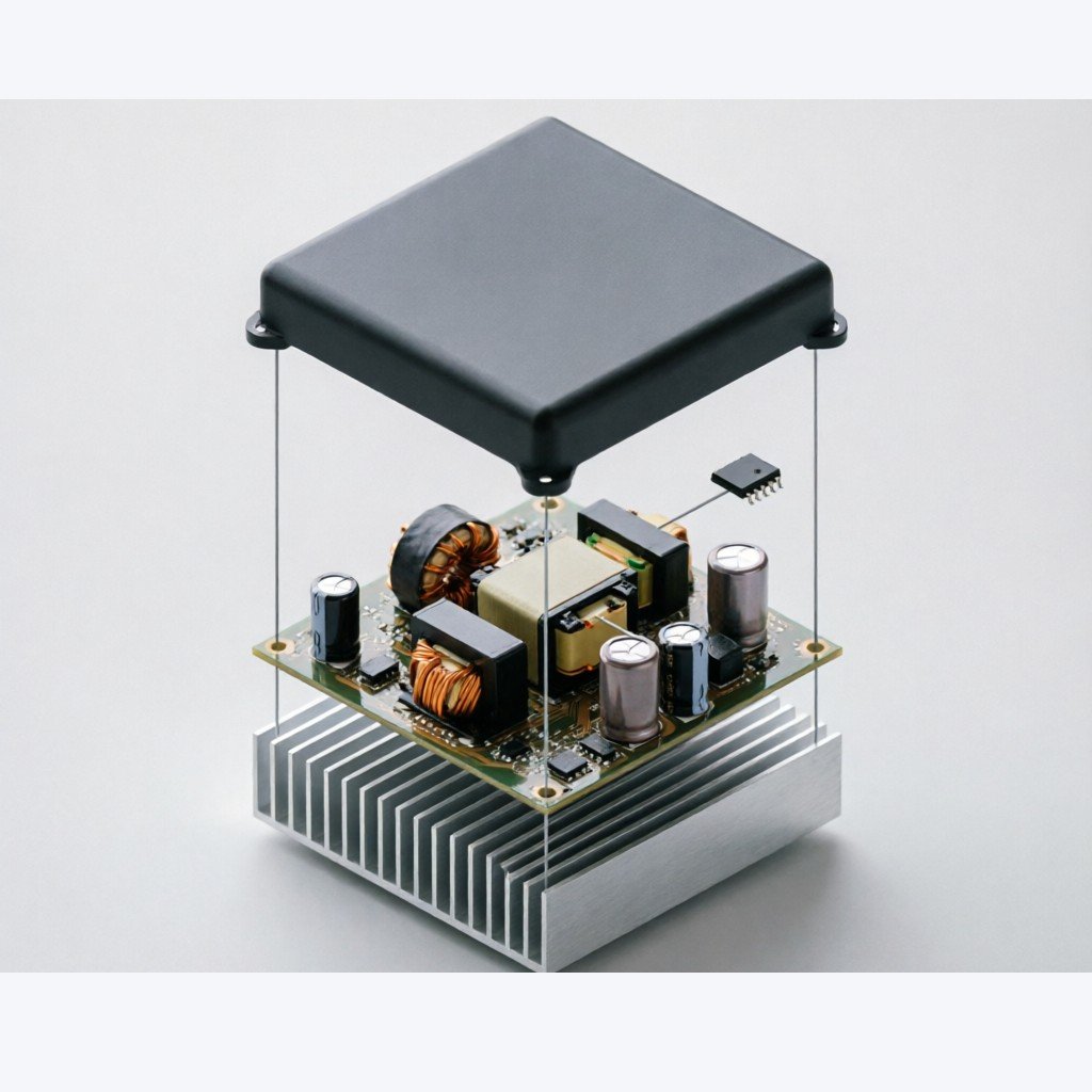 Isometric 3D render of a DC-DC converter power module exploded view showing heat sink