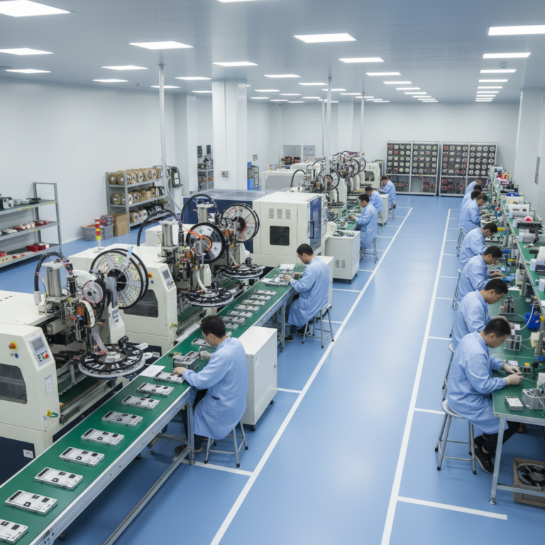 Wide elevated view of EVEVSPOWER-style electronics factory floor